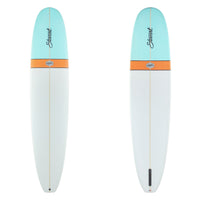 Stewart Longboard 9'6" Ripster (9'6", 24", 3 1/4") B#129546 ith a light blue nose dip and an orange band