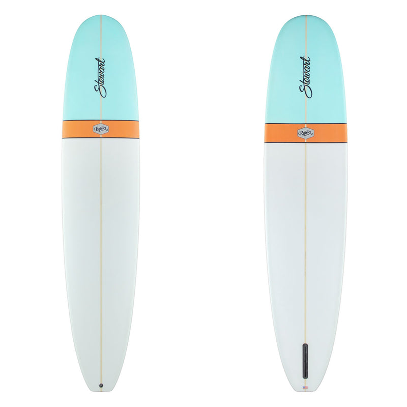 Stewart Longboard 9'6" Ripster (9'6", 24", 3 1/4") B#129546 ith a light blue nose dip and an orange band
