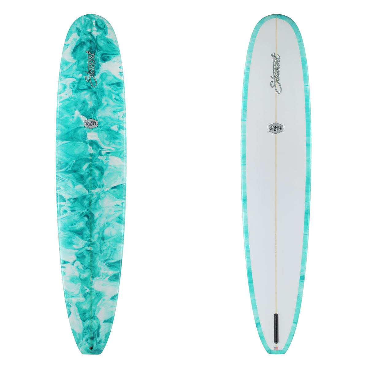 Two turquoise surfboards with white patterns on a white background