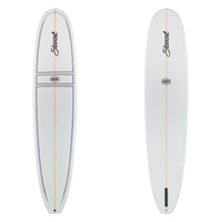 Two views of a white surfboard on a plain white background, showing the top and bottom halves. The board features a gold center stripe, black script branding reading 'Stuart' near the nose, a small 'STUART' logo badge, and a black fin at the tail.