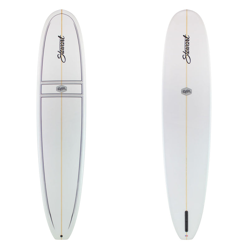 Two views of a white surfboard on a plain white background, showing the top and bottom halves. The board features a gold center stripe, black script branding reading 'Stuart' near the nose, a small 'STUART' logo badge, and a black fin at the tail.