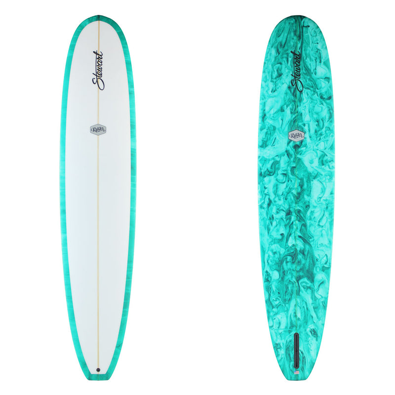 Stewart Longboard 9'2" Ripster (9'2", 23 1/2", 3") B#129629 with a teal and ark blue resin swirl on the bottom and rails