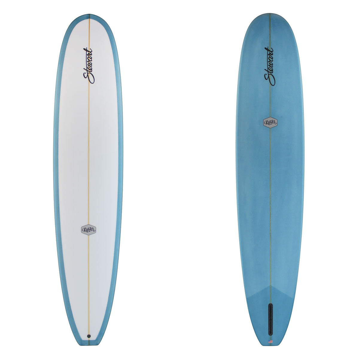 Stewart Longboard 9'2" Ripster (9'2", 23 1/2", 3") B#129630 with a grayish blue resin tint on the bottom and rails