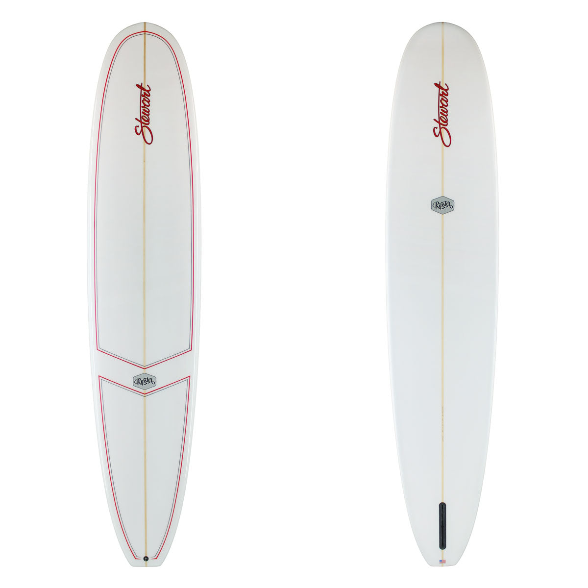 Deck and bottom view of Stewart Ripster with red pinlines and logos on the deck