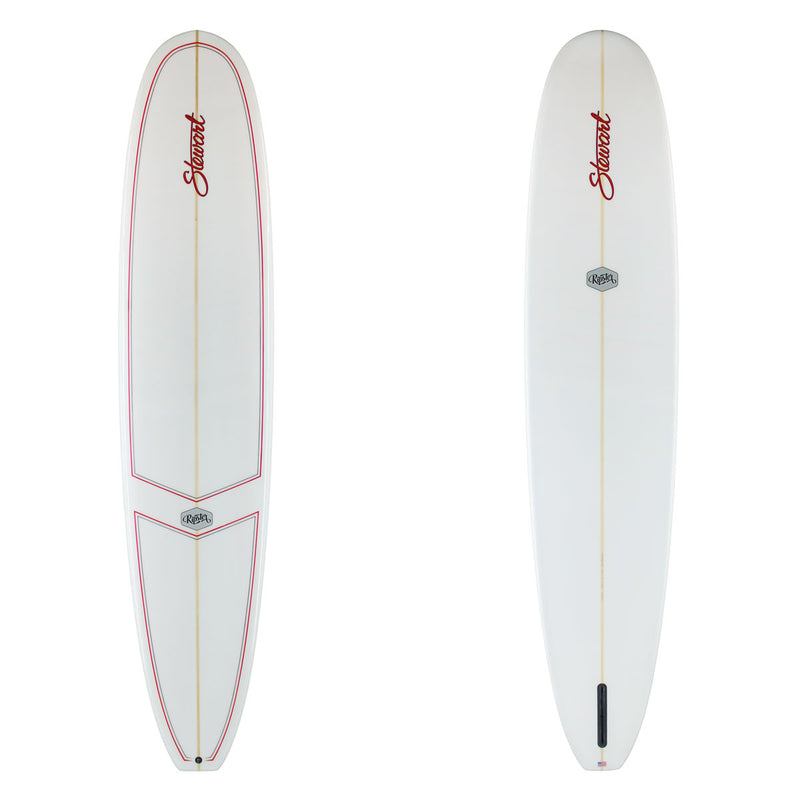 Deck and bottom view of Stewart Ripster with red pinlines and logos on the deck