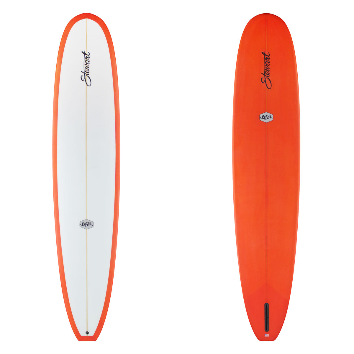 Orange and white surfboard with a brand logo on a white background