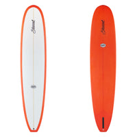Orange and white surfboard with a brand logo on a white background