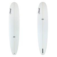 Two white surfboards with brand logos on a white background