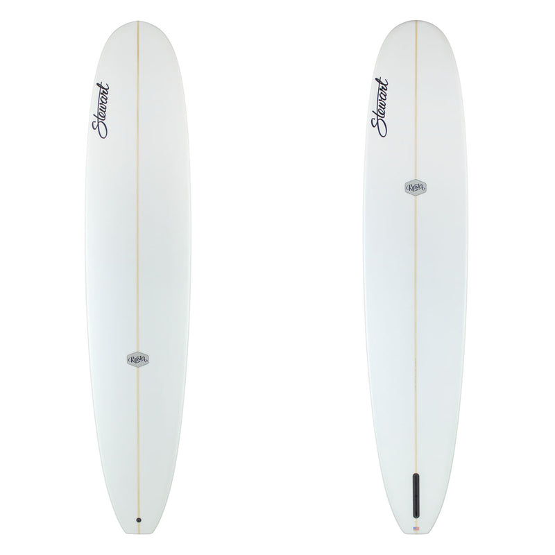 Two white surfboards with brand logos on a white background