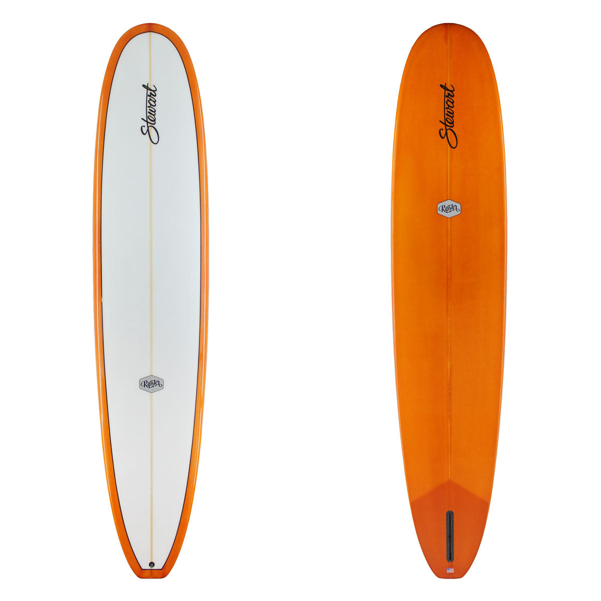 Orange and white surfboard with a brand logo on a white background