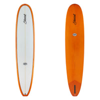 Orange and white surfboard with a brand logo on a white background