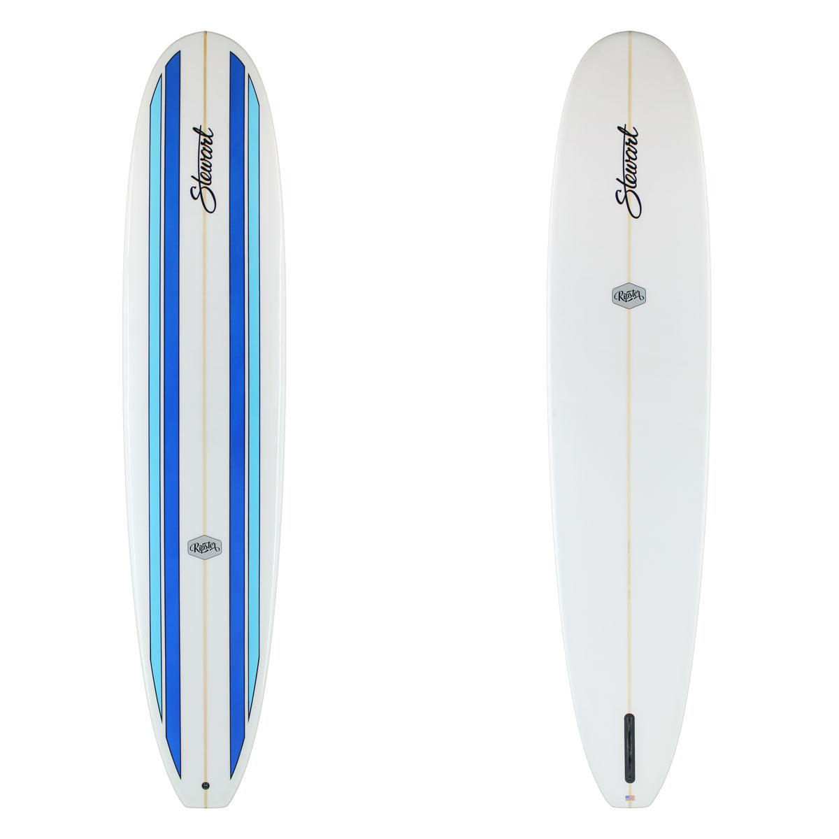 Stewart Longboard 9'4" Ripster (9'4", 23 3/4", 3 1/4") B#129763 Gloss & Polish with blue and light blue stripes on the deck