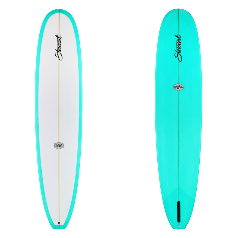 Two turquoise surfboards, one with a white front and the other with a logo, on a white background.