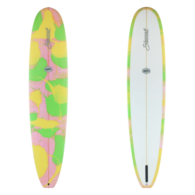 Stewart Longboard 9'0" Ripster (9'0", 23 1/2", 2 7/8") B#129820 with a green, pink and yellow resin swirl on the bottom and rails