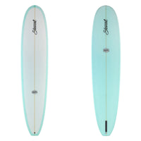 two images of surfboard with light blue rails on the deck and  a light blue bottom with black branding.