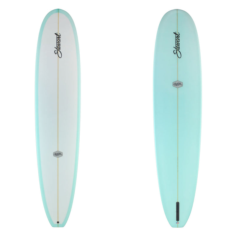 two images of surfboard with light blue rails on the deck and  a light blue bottom with black branding.