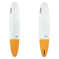 Tow images of Stewar surfboard with a white nose and yellow orange tail on top and bottom. There is black branding.