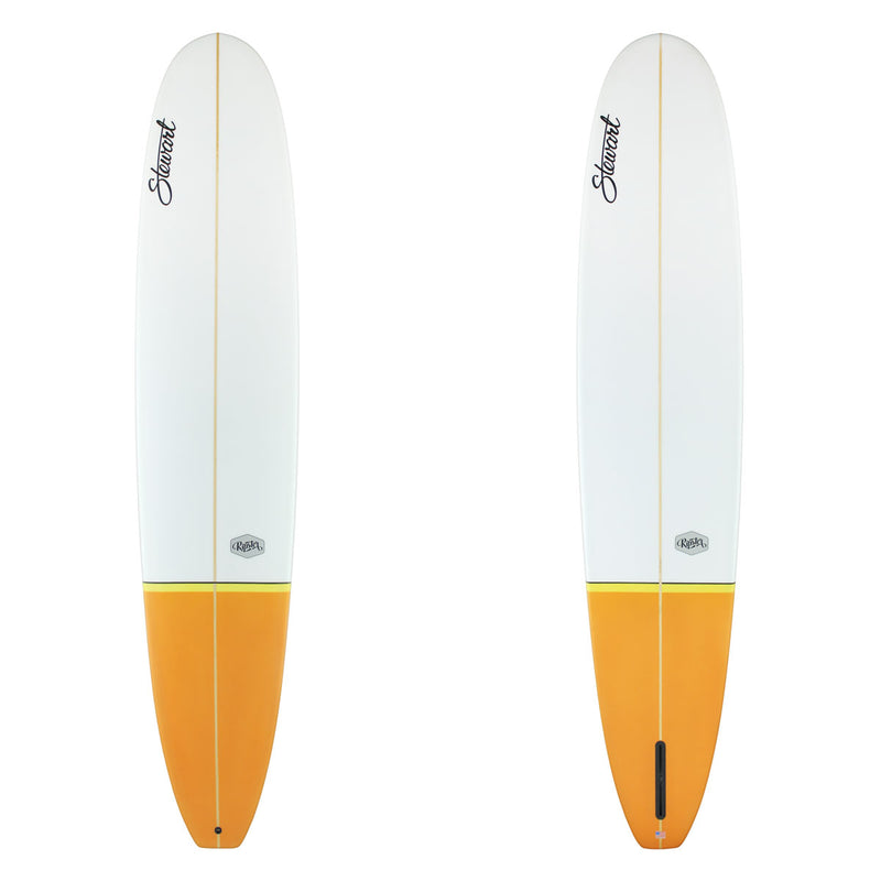 Tow images of Stewar surfboard with a white nose and yellow orange tail on top and bottom. There is black branding.