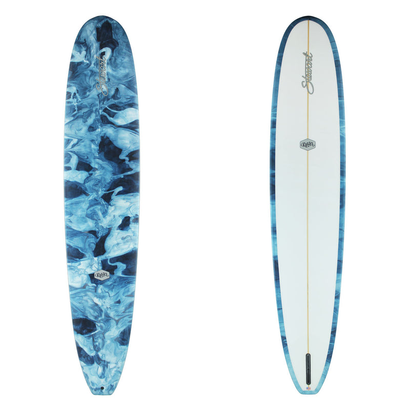 Stewart Longboard 10'0" Ripster (10'0", 24", 3 1/2") B#130015 with a navy, blue and white resin swirl on the bottom and rails