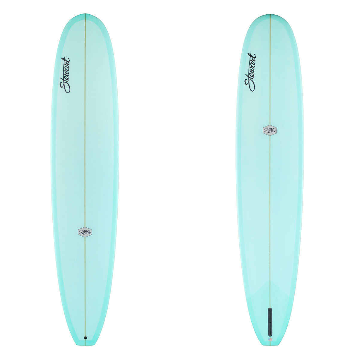 Stewart Longboard 9'8" Ripster (9'8", 24", 3 3/8") B#130105 Light Blue resin tint with black stewart logo. Grey and black ripster logo. Sand Only