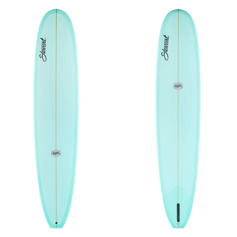 Stewart Longboard 9'8" Ripster (9'8", 24", 3 3/8") B#130105 Light Blue resin tint with black stewart logo. Grey and black ripster logo. Sand Only