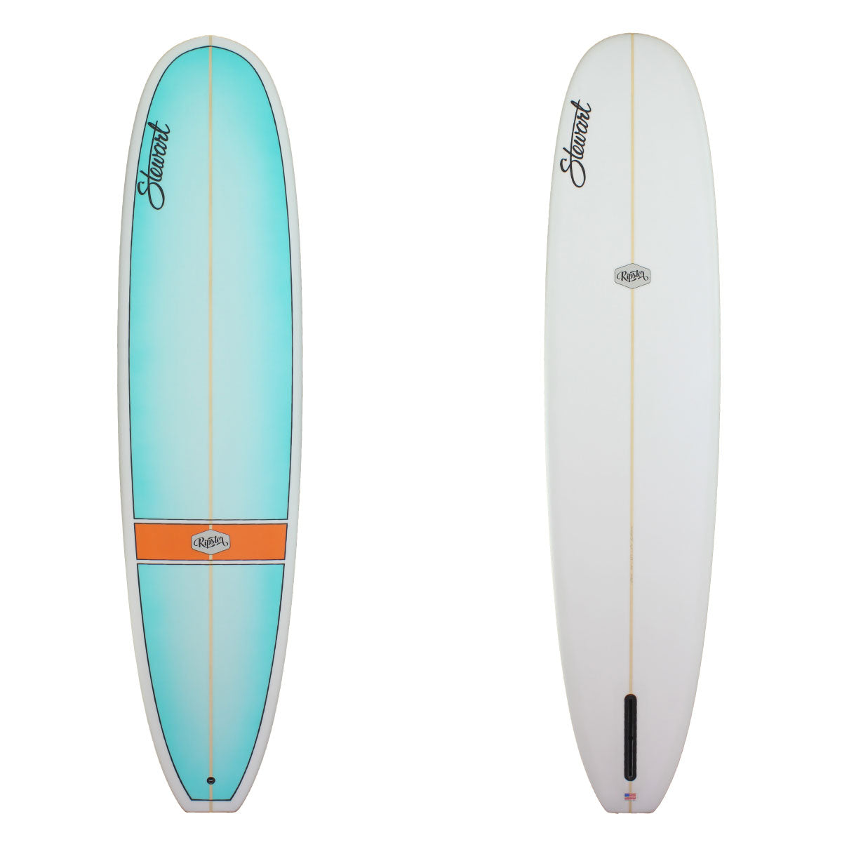 Deck and Bottom View of a Stewart Ripster Longboard with a blue deck with a orange stripe 1/4 of the way up and no colorwork on the bottom with a sand finish 