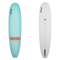 Deck and Bottom View of a Stewart Ripster Longboard with a blue deck with a orange stripe 1/4 of the way up and no colorwork on the bottom with a sand finish