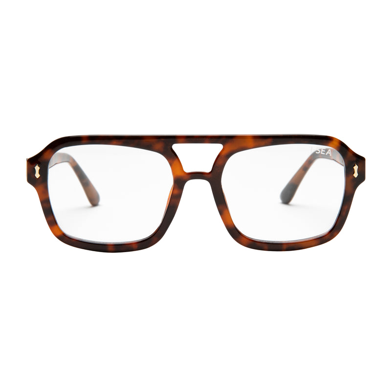 Tortoiseshell eyeglasses on a white background