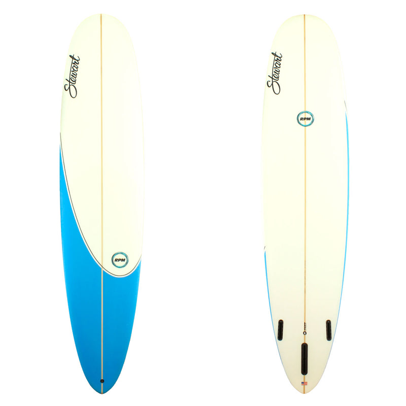 Stewart Surfboards 9'0 RPM with blue painted tail, black pinline, and clear white bottom
