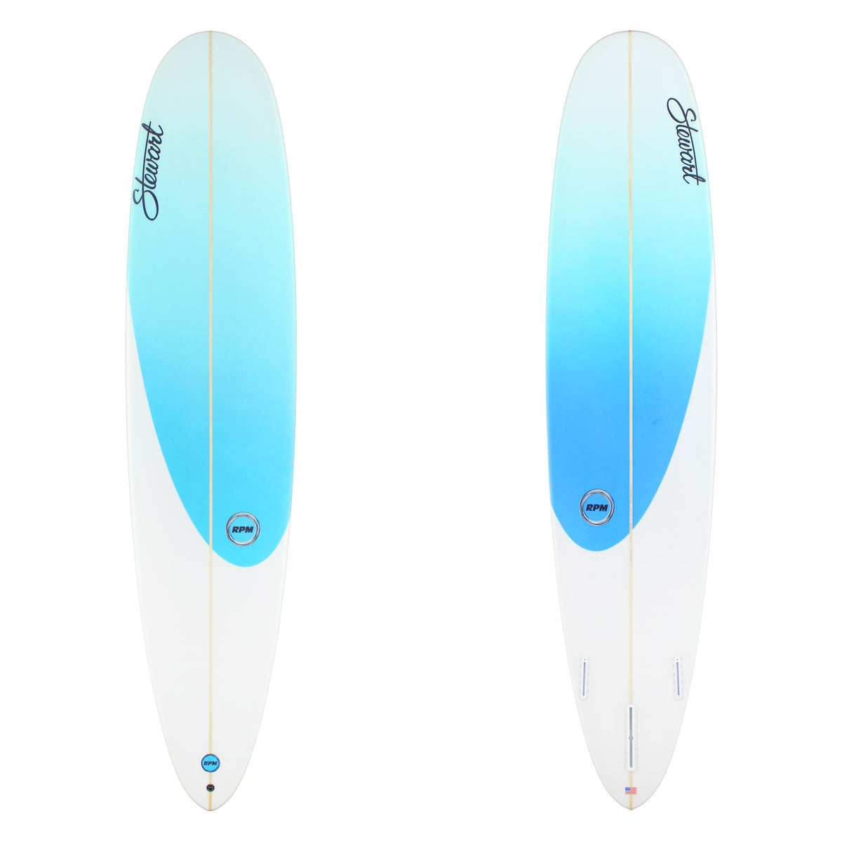 Stewart Longboard 8'6" RPM (8'6", 22 1/2", 2 5/8") B#129068 with blue to clear nose fade on the top and bottom