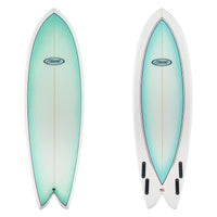 Stewart 5'10" Retro Fish (5'10", 20 7/8", 2 3/4") B#116347 with light blue panels on the top and bottom.
