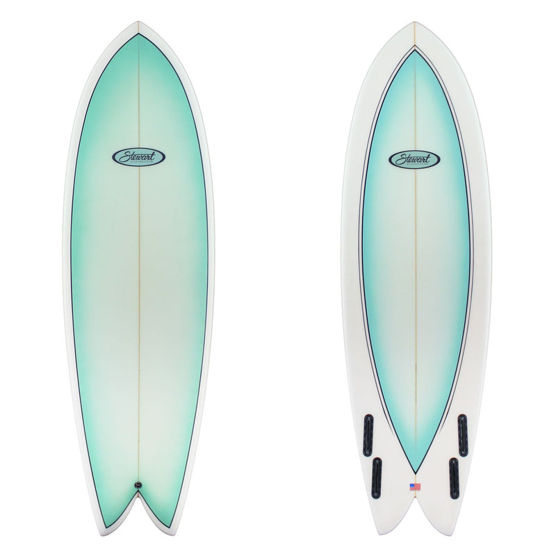Stewart 5'10" Retro Fish (5'10", 20 7/8", 2 3/4") B#116347 with light blue panels on the top and bottom.