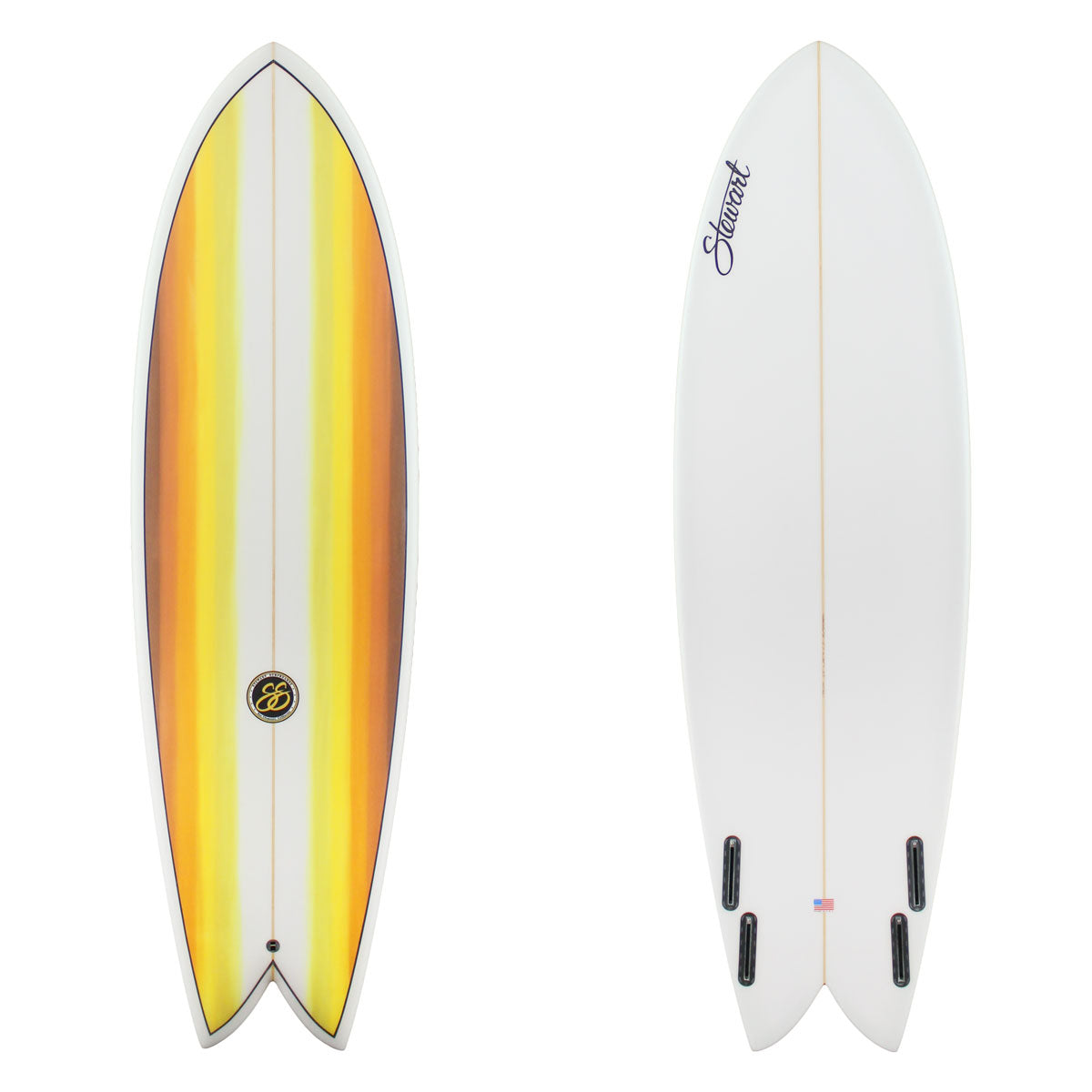 Stewart 6'6" Retro Fish (6'6", 22 1/4", 3") B#129040 with brown and yellow stripes on the deck