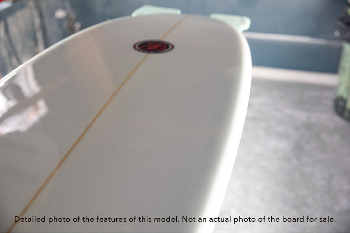 detail of the rails of a Stewart Retro Fish shortboard surfboard