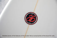 detail of the logo of a Stewart Retro Fish shortboard surfboard