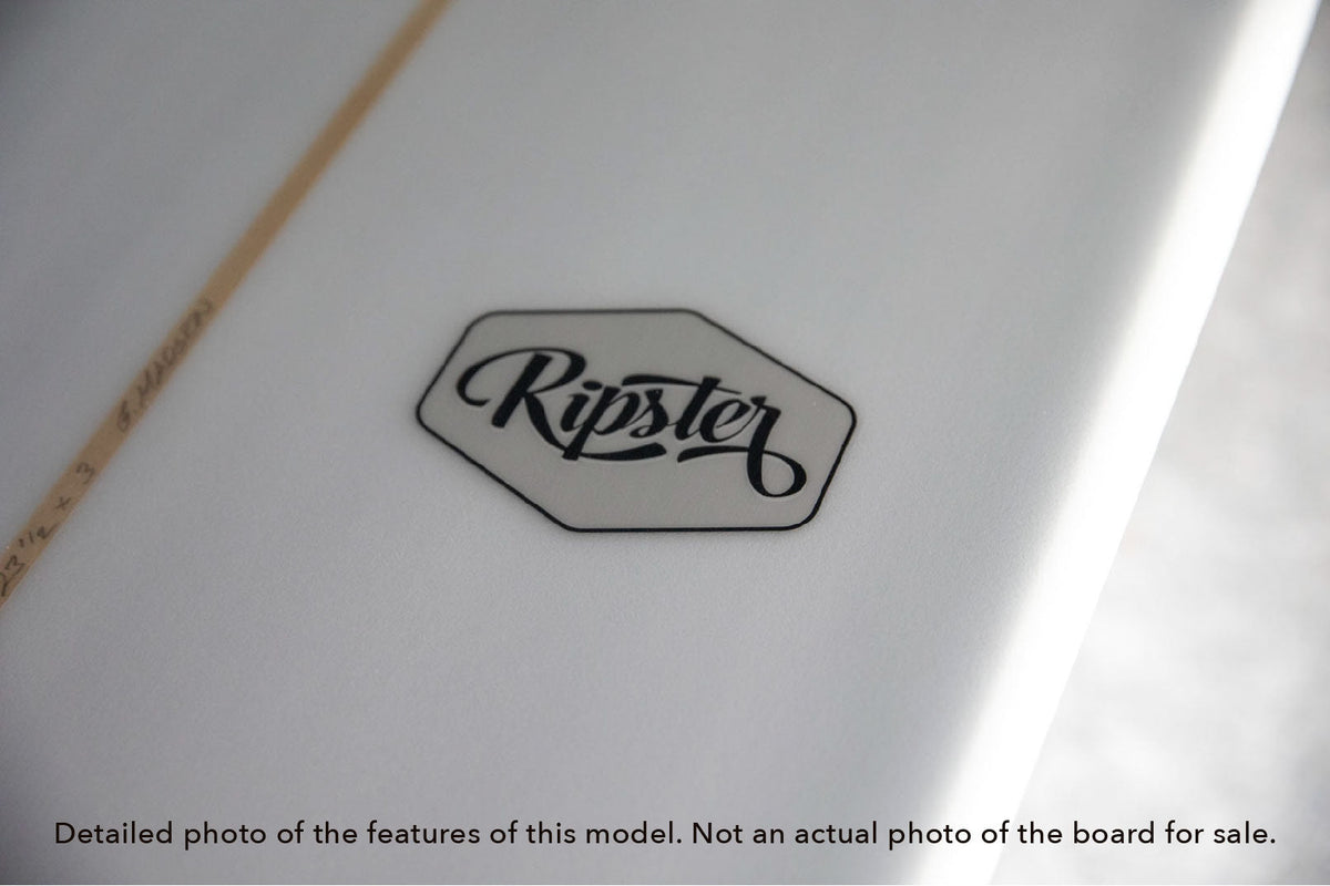 detail of the logo of a Ripster single fin longboard