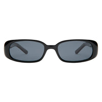Black sunglasses with dark lenses on a white background