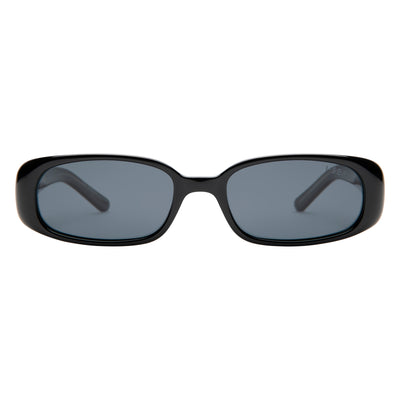 Black sunglasses with dark lenses on a white background