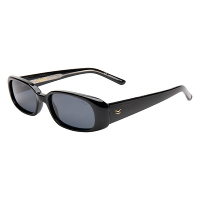 Black sunglasses with a gold logo on a white background