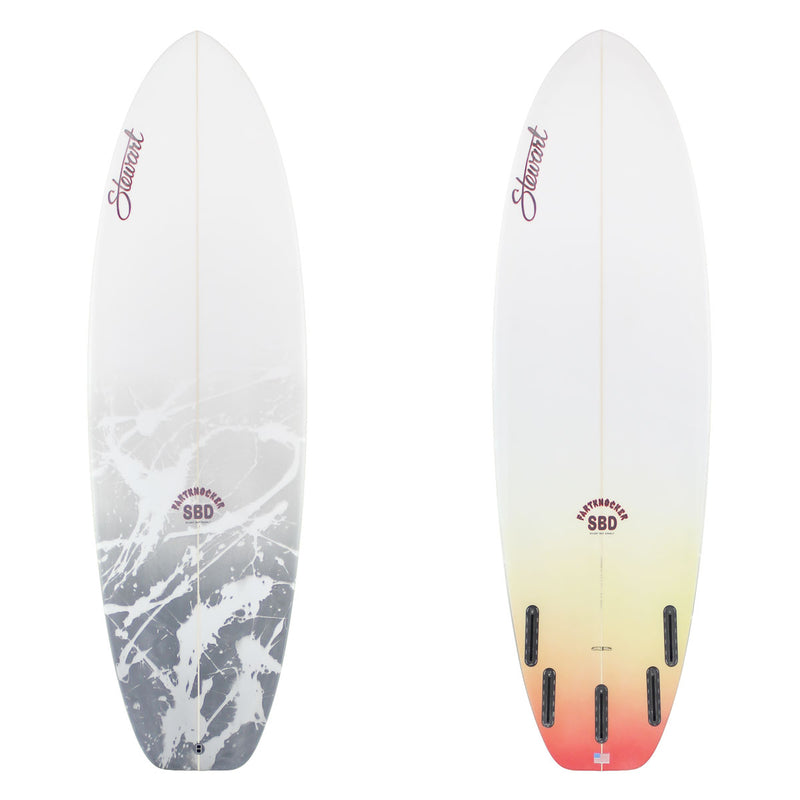 Stewart Shortboard 5'10" Fartknocker SBD (5'10", 21", 2 1/2") B#129238 with a black acid splash on the deck and a yellow to red fade on the bottom tail.
