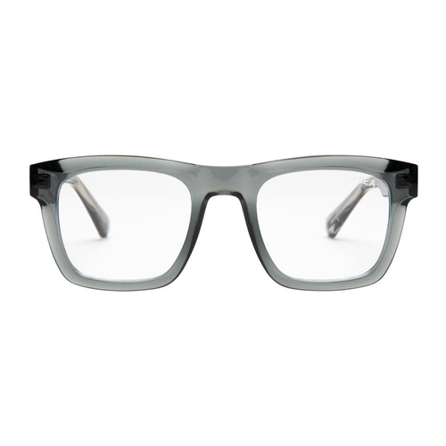 Gray eyeglasses on a white background