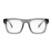 Gray eyeglasses on a white background