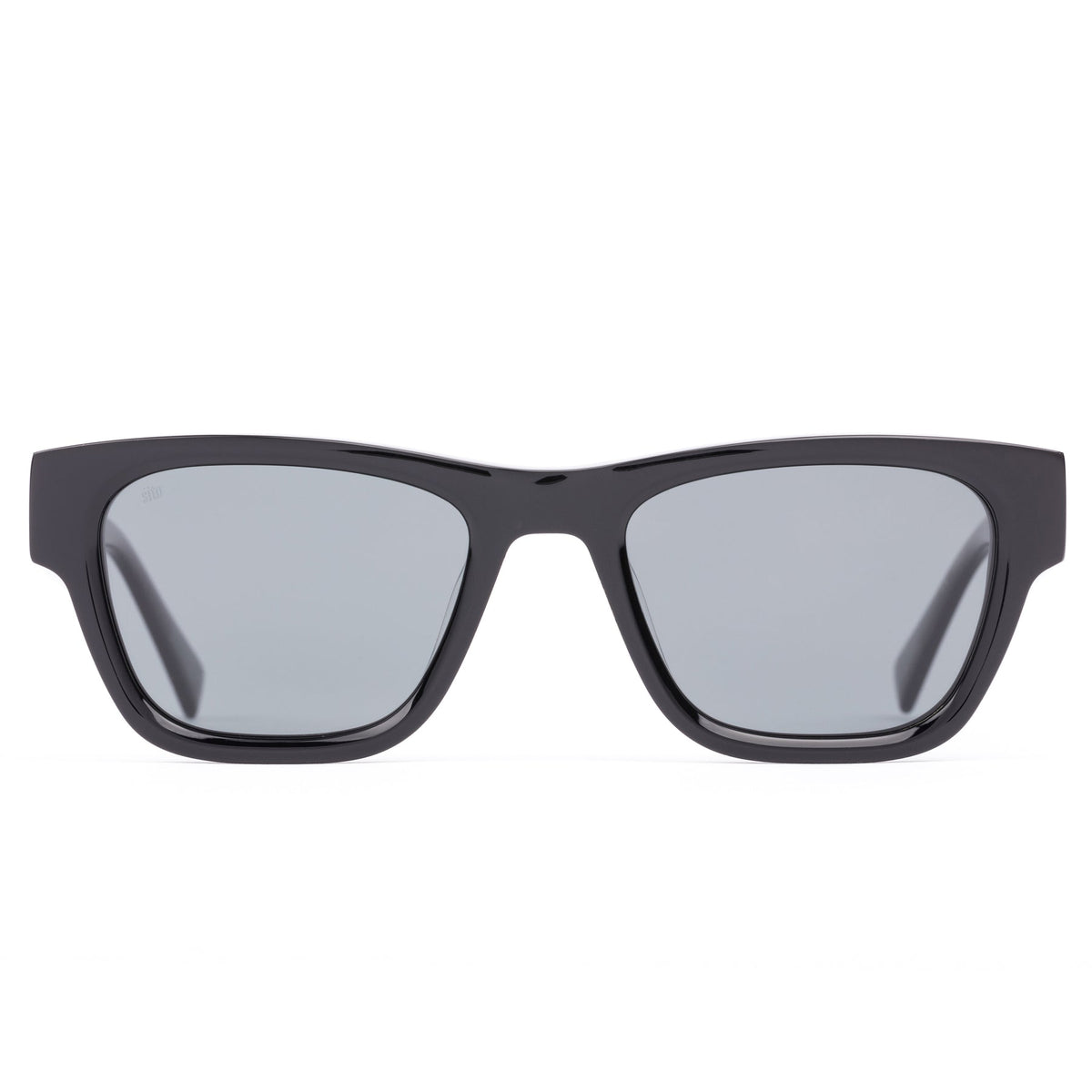 Black sunglasses with reflective lenses on a white background