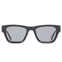 Black sunglasses with reflective lenses on a white background