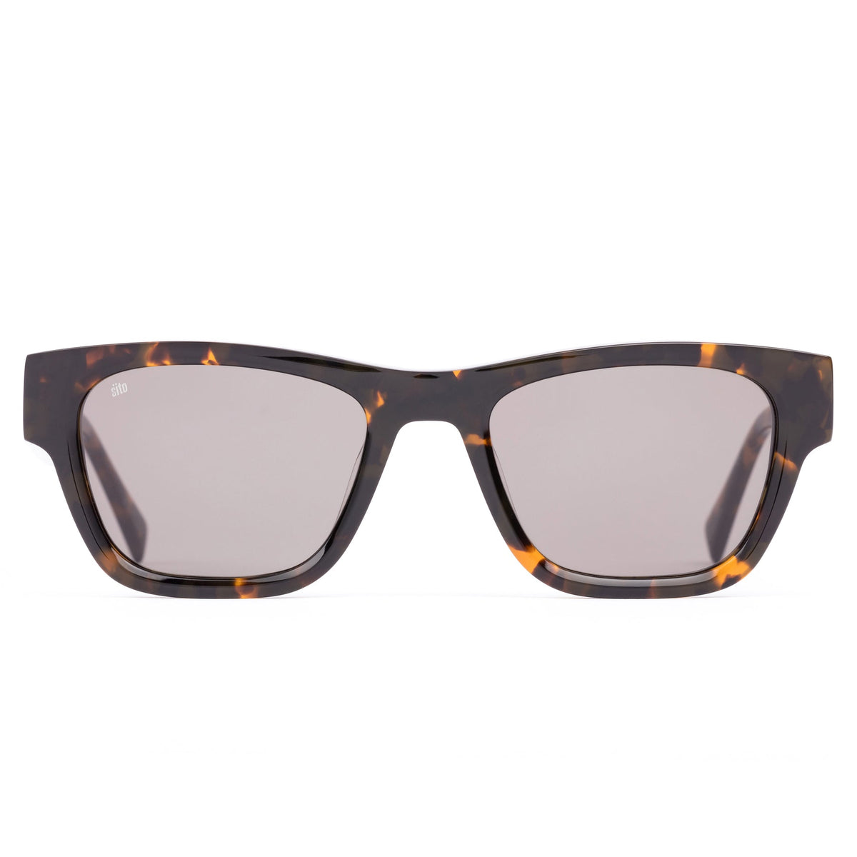 Sunglasses with tortoiseshell frame and reflective lenses on a white background