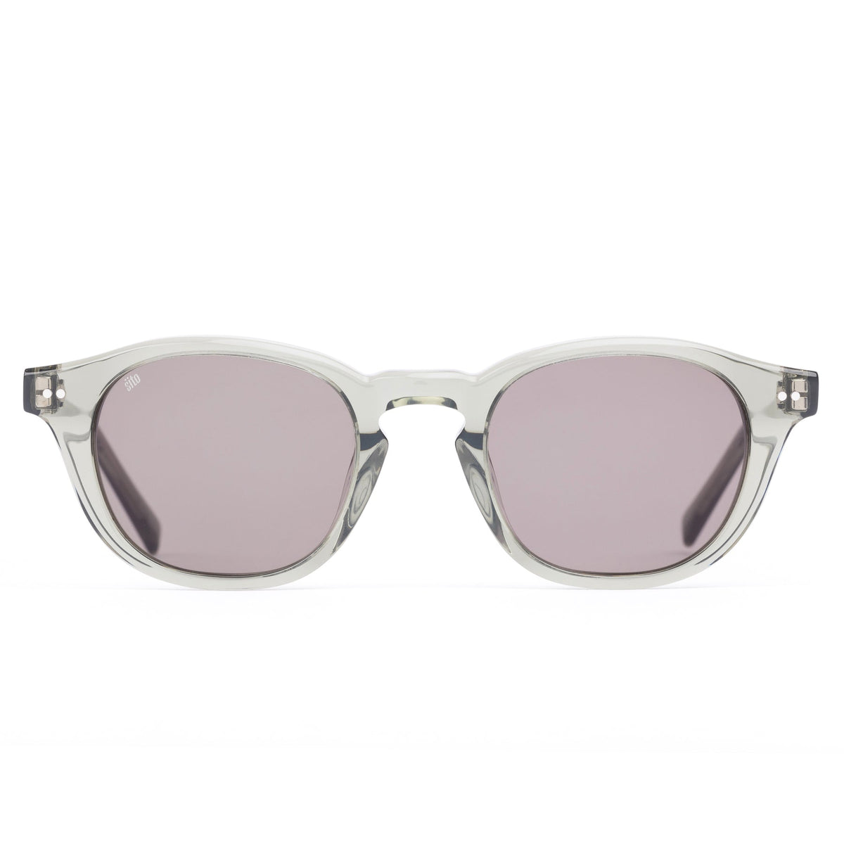 Clear frame sunglasses with purple lenses on a white background