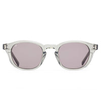 Clear frame sunglasses with purple lenses on a white background