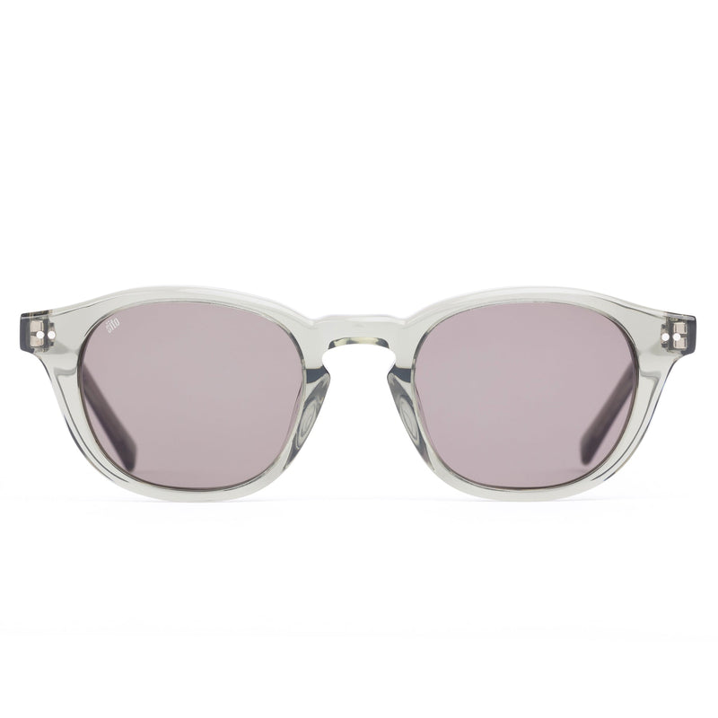 Clear frame sunglasses with purple lenses on a white background