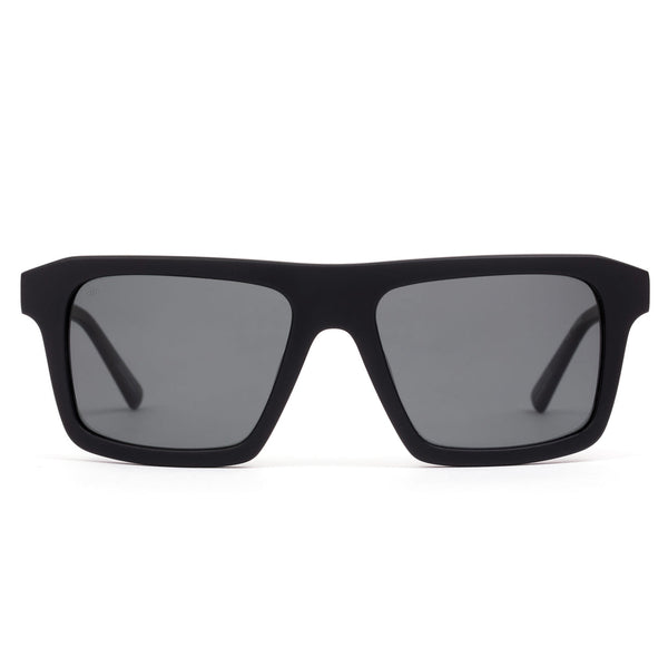A pair of black-framed, square-shaped sunglasses with a straight brow and angular detailing.