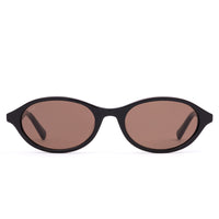 Black sunglasses with brown lenses on a white background